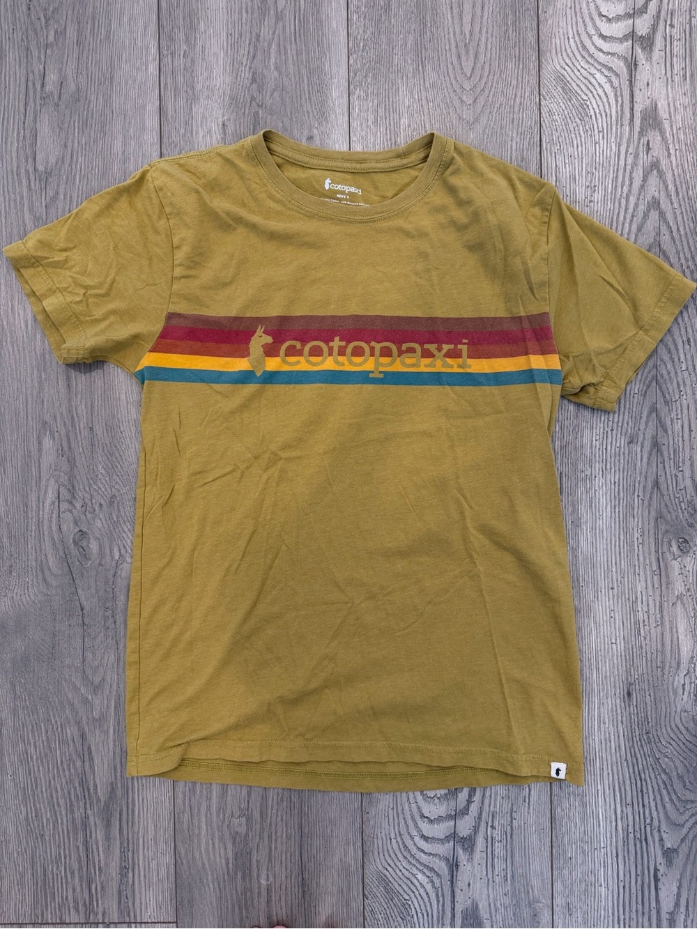 cotopaxi Mustard Yellow Short Sleeve Tee with Multi-Stripe Logo